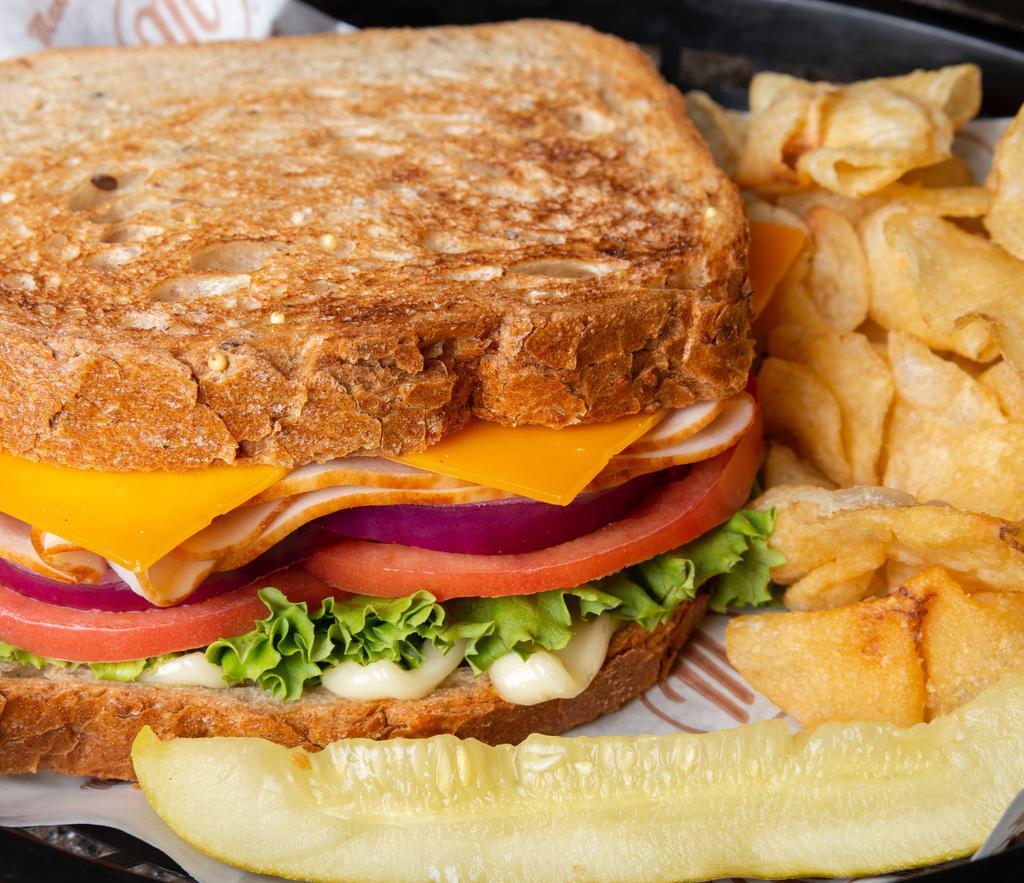 Turkey & Cheddar Sandwich · Most popular. Turkey cheddar, lettuce, tomato, onion, and mayonnaise. Served with pickle and chips. Multi-grain toast.
