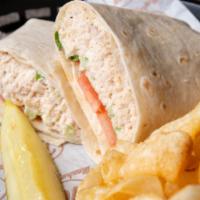 Great White Tuna Wrap · Most popular. Tuna salad, lettuce, and tomato. Served with pickle and chips.