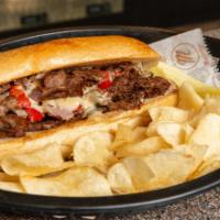 Manhattan Cheese Steak Sandwich · Most popular. Steak, America cheese, grilled red onions and roasted peppers. Served with pic...