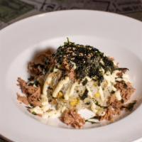 Tuna Mayo Over Rice · Steamed rice served with can tuna, mayonnaise and dried seaweed