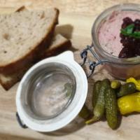 Liver Plate · Homemade liver pate with pickled vegetables and rye bread.