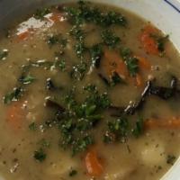 Potato Soup · Potato soup with vegetables and wild mushrooms. Served with rye bread.