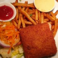 Fried Cheese · Fried cheese with homemade French fries, tartar sauce, and small house salad.