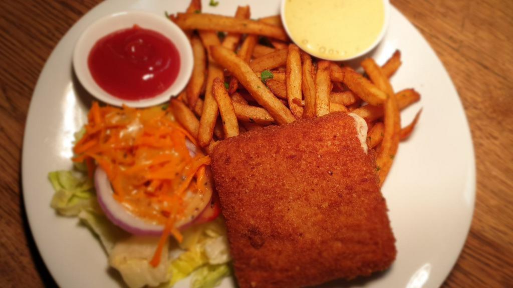 Fried Cheese · Fried cheese with homemade French fries, tartar sauce, and small house salad.