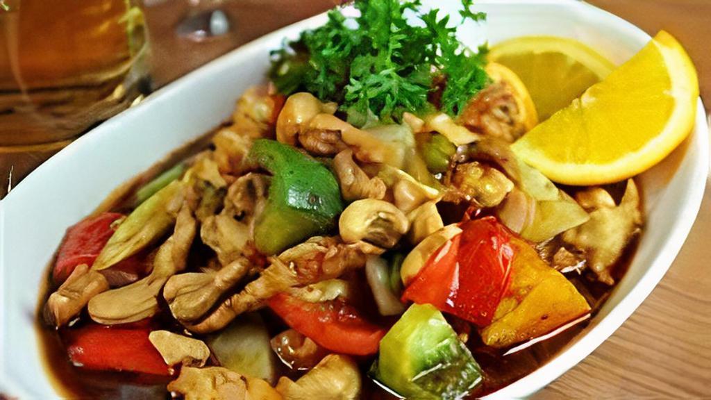Cashew Nut · Cashew, carrot, water chestnut, celery, bell pepper, and onion. Stir fried with special chili sauce.