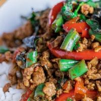 Thai Style Spicy Basil (Pad Krapow · Your choice of ground chicken, beef or pork stir fried with green bean, onion, bell pepper, ...