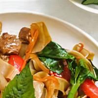 Drunken Noodle · Stir fried your choice wide rice noodle or yellow noodle with egg, bell pepper, carrot, onio...