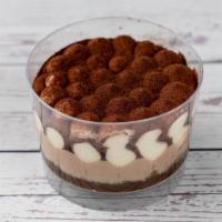 Tiramisu Cup · Coffee and Zabaione cream on a layer of sponge cake soaked in espresso, dusted with cocoa po...