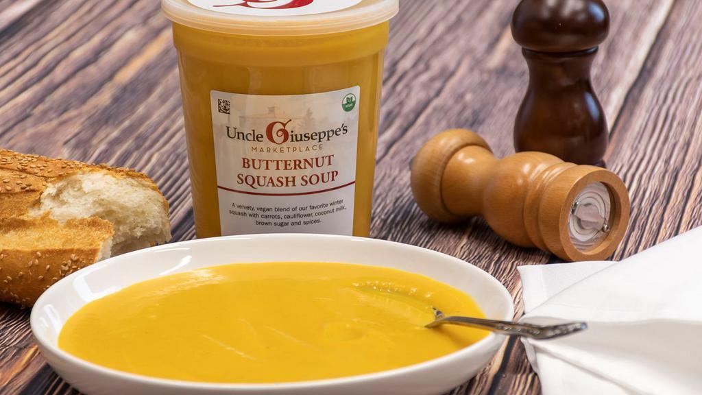 Butternut Squash Soup · 1 Quart. A velvety, vegan blend of our favorite winter squash with carrots, cauliflower, coconut milk, brown sugar and spices. *This item is delivered cold ready to heat and enjoy.