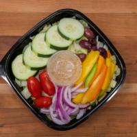 Italian Salad · Chopped romaine salad, tomatoes, kalamata olives, cucumbers, mixed bell peppers, and our hom...