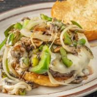 Blue Bay Burger · Served with sauteed onions, peppers, mushrooms and mozzarella cheese.