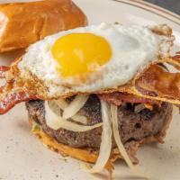 Texas Burger · Fried egg, bacon and sauteed onions.