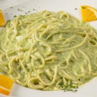 Pasta Pesto · Choice of pasta with fresh basil and garlic in a creamy pesto sauce.