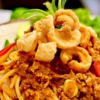 Spaghetti Nam Prik Ong · Sauteed Spaghetti linguine w/Nam Prik Oag salsa topped chicalon