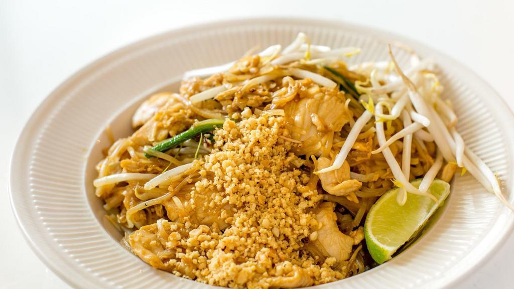 Pad Thai · Stir-fried thin rice noodle, egg, scallion, bean sprout and peanut.