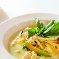 Green Curry · Coconut milk, bamboo shoot, eggplant, bell pepper, string bean and basil in green curry sauce.