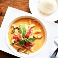 Red Curry · Coconut milk, bamboo shoot, eggplant, bell pepper and basil in red curry sauce.