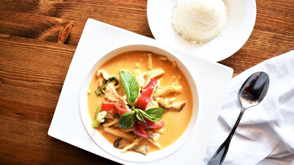 Red Curry · Coconut milk, bamboo shoot, eggplant, bell pepper and basil in red curry sauce.