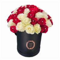 Black Deluxe Box Red And White Roses  · Black Deluxe Box Red and White Roses comes in a 15