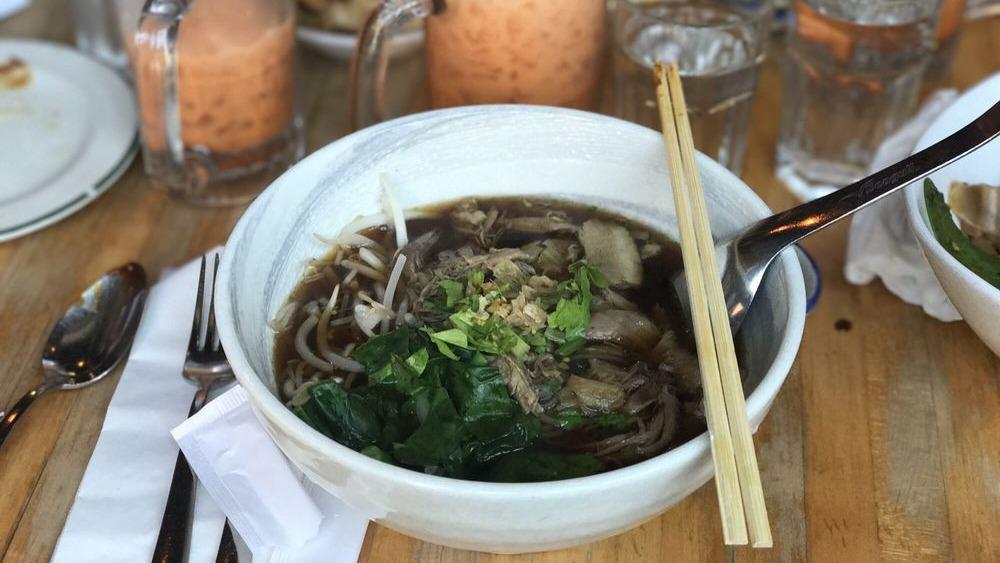 Nakorn-Patom Duck Noodle · Thin rice noodles, braised duck meat, yu choy, asian broccoli, asian celery, bean sprout and ﬁve spice soy broth. Recommended as noodle soup.

Please inform us of any allergies.
Contains gluten and fish sauce.