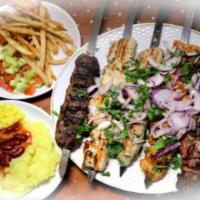 Kaufta Kebab Platter · Served with 2 sides. Rice, french fries, mashed potatoes, beans, salads.