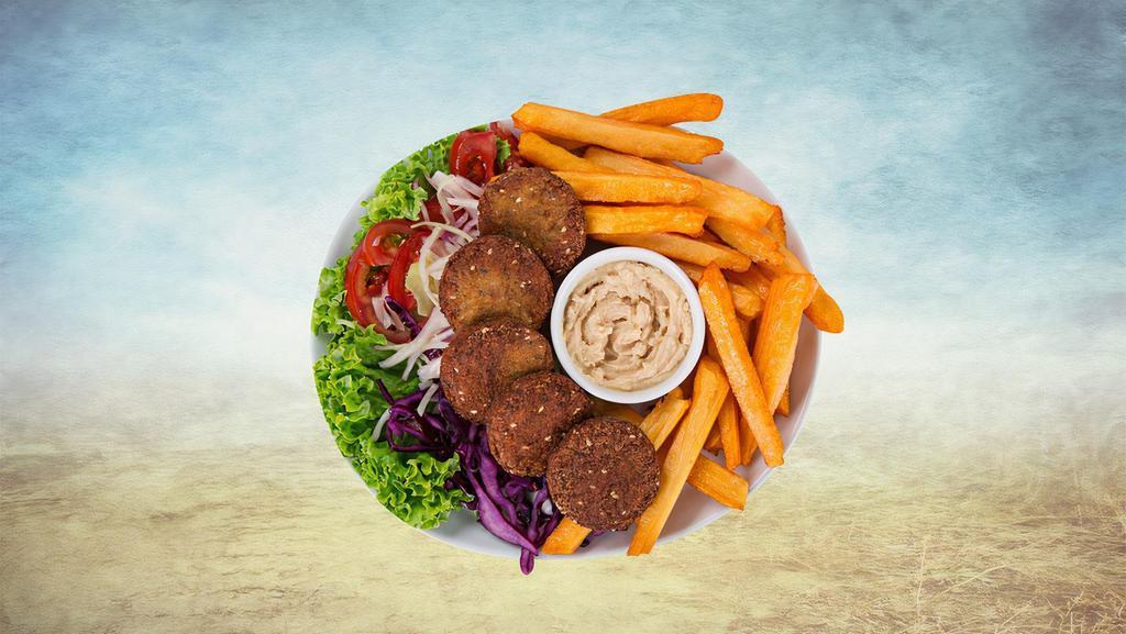 Funky Falafel Dinner   · The funky falafel plate is a vegetarian platter and consists of 6 pieces of deep-fried falafels which are served over a bed of flavorful rice and salad. The salad consists of tangy tomatoes, fresh green lettuce and onions along with seasoned chickpeas, olives, pickles, jalapenos, and pepperoncini. The platter is perfected with our signature white sauce and hot sauce.