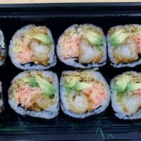Queens Roll · Inside: shrimp tempura, avocado, spicy kani, and eel sauce.