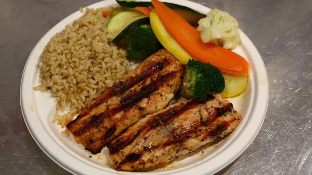 Grilled Salmon Entree Platter · Fresh grilled salmon served with vegetables and brown rice.