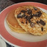 Chocolate Chip Pancakes · Eggs and omelets include potato and toast.