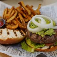 Avocado Burger · Eight ounces beef burger, avocado, tomato, lettuce, fried onion, aioli.