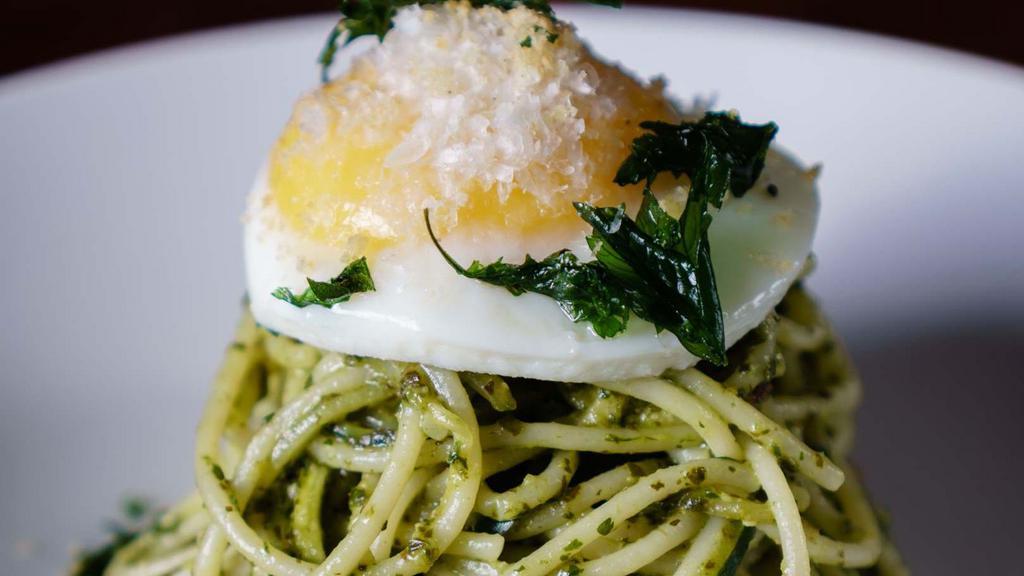 Spaghettini · Zucchini, Lemon, Parsley Pesto, Parmigiano, Sunny Side Up Egg