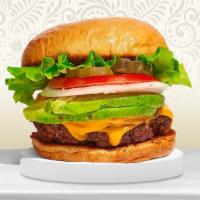 Lotto Avocado Burger · Two American beef patties topped with melted cheese, lettuce, tomato, onion, and pickles. Se...