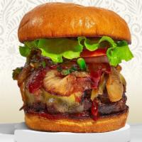 Bbq Banger Burger · American beef patty topped with melted cheese, barbecue sauce, lettuce, tomato, onion, and p...
