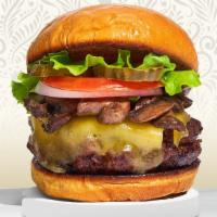 Cheesy Shroom Burger · American beef patty topped with mushrooms, melted cheese, lettuce, tomato, onion, and pickle...