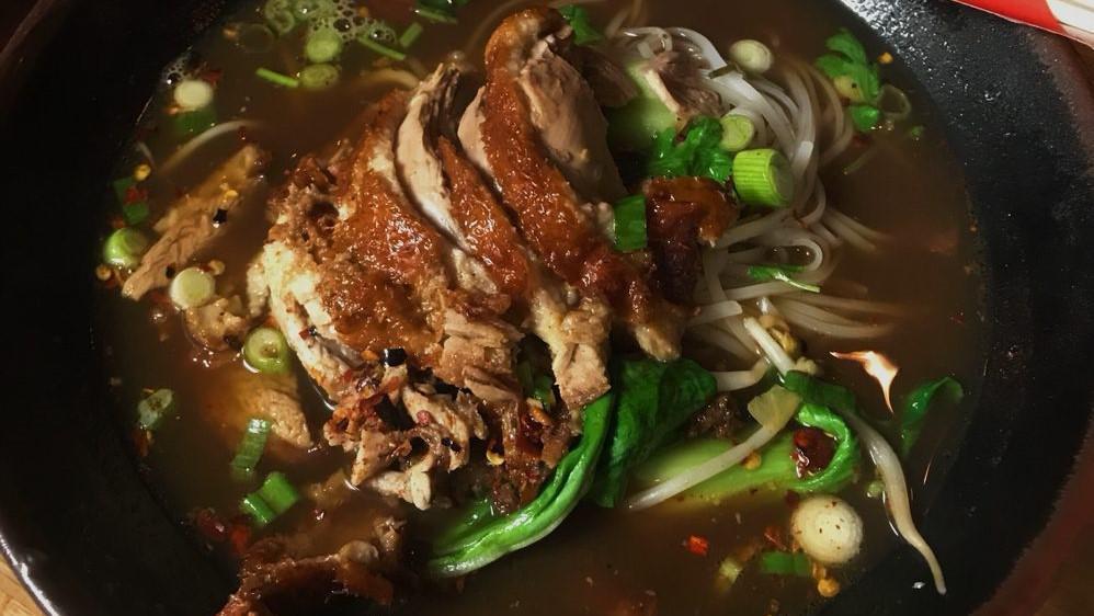 Duck Noodles · Rice noodles with sliced roasted duck and bean sprouts, Bok choy  in Thai herbal broth.