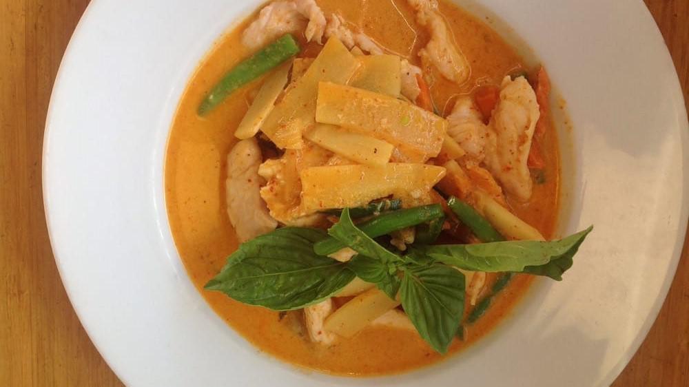 Scarlet Curry · Simmered spicy red coconut curry with eggplant, bamboo shoot, jalapeño, string bean and basil.