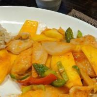Spicy Mango Chicken · Mango, jicama, bell pepper and crispy vermicelli in mild Thai herb sauce. Served with choice...