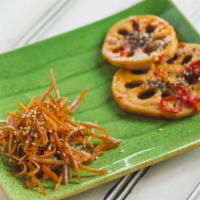 Kinpira Duo · Spicy sauteed burdock roots and carrots / Lotus roots and chili peppers
