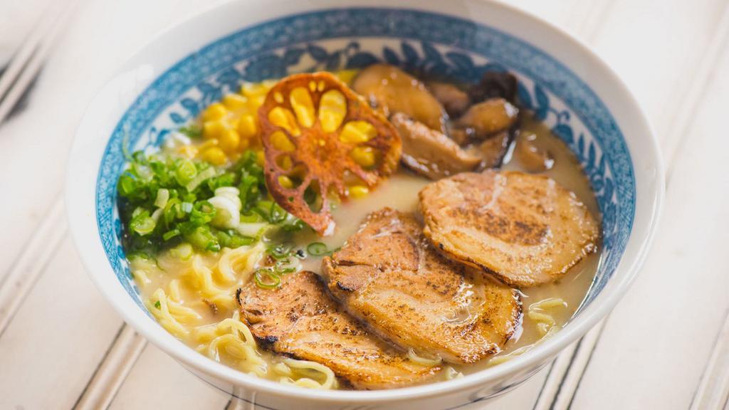 Miso Ramen · Chicken broth, miso tare, pork belly, sweet corn, shiitake mushrooms, and scallions. Wavy egg noodles.