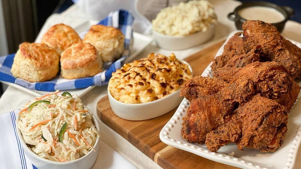 Bucket Of Fried Chicken · Perfect for your Pod! Includes a bucket of Fried Chicken (4 piece white meat/4 piece dark meat), 4 biscuits, 1 pint of Creamy Coleslaw, 1 pint of potato salad, 1 pint of Mac & Cheese.