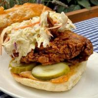 Spicy Chicken Sandwich · Spicy fried chicken breast with chipotle mayo, coleslaw, and pickles on Orwasher's potato bu...