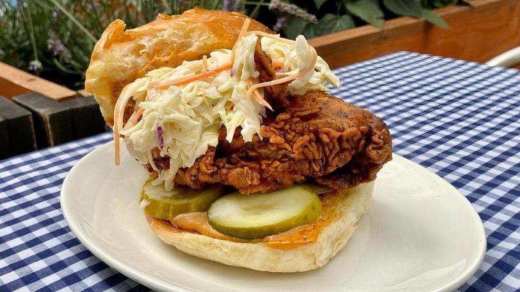 Spicy Chicken Sandwich · Spicy fried chicken breast with chipotle mayo, coleslaw, and pickles on Orwasher's potato bun.. Served with fries.
