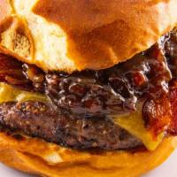 Pretzel Bacon Cheeseburger · Certified Angus Beef - Served with Applewood bacon, cheddar cheese, bacon onion marmalade on...