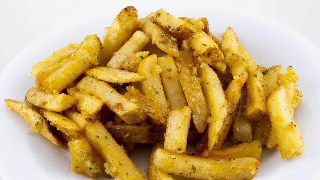 Garlic Parmesan Fries · Our skin-on potatoes fried to a golden brown, shaken in garlic sauce and topped with parmesan cheese