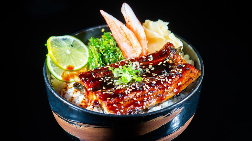 Unagi Don · Toasted eel over rice with seaweed salad
