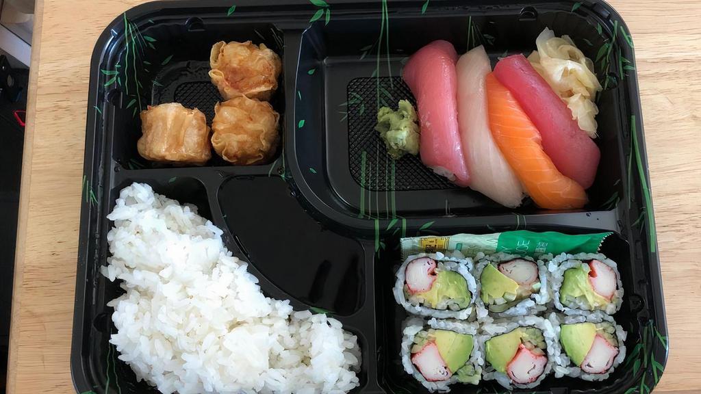 Sushi Bento Box Lunch · Served with shumai, California roll, choice of side and rice.