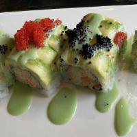 Dancing Lobster Roll · Lobster salad, spicy crab, cucumber top, avocado and tobiko in wasabi mayo sauce.