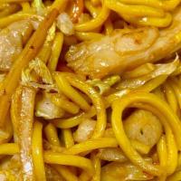 Crab Stick Lo Mein · Soft noodles in chinese style.