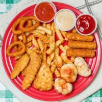 Appetizer Platter · Mozzarella sticks, chicken fingers, onion rings, fries, garlic knots.