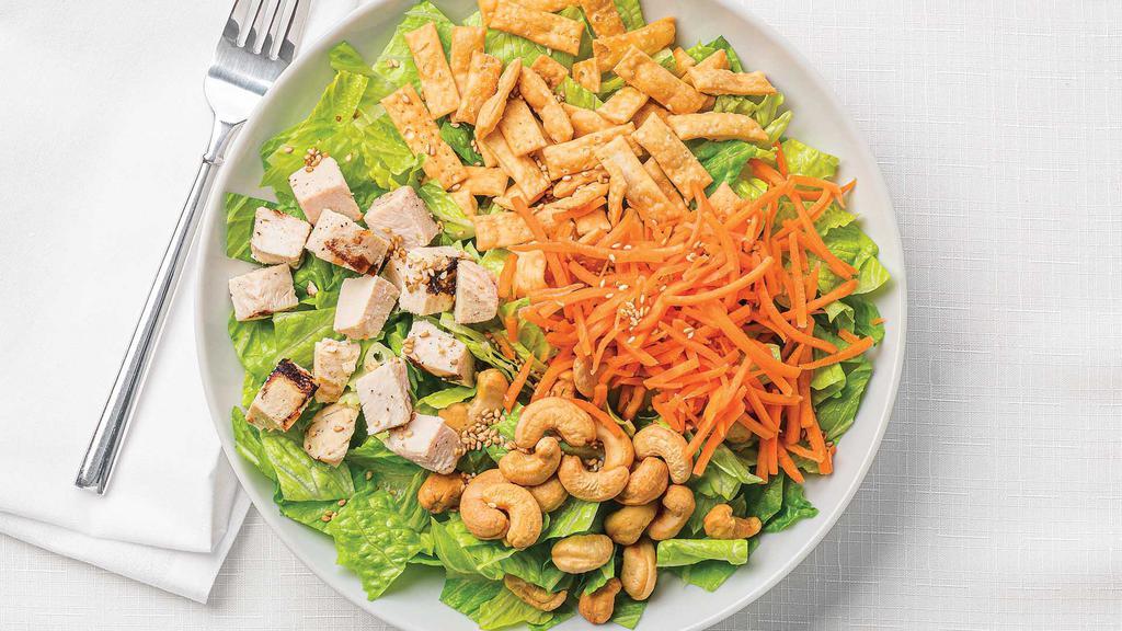 Large Asian Sesame Salad With Chicken · Fresh romaine with grilled lemon garlic chicken, topped with cashews, matchstick carrots, wonton strips, roasted sesame seeds, and Asian Peanut Dressing.
